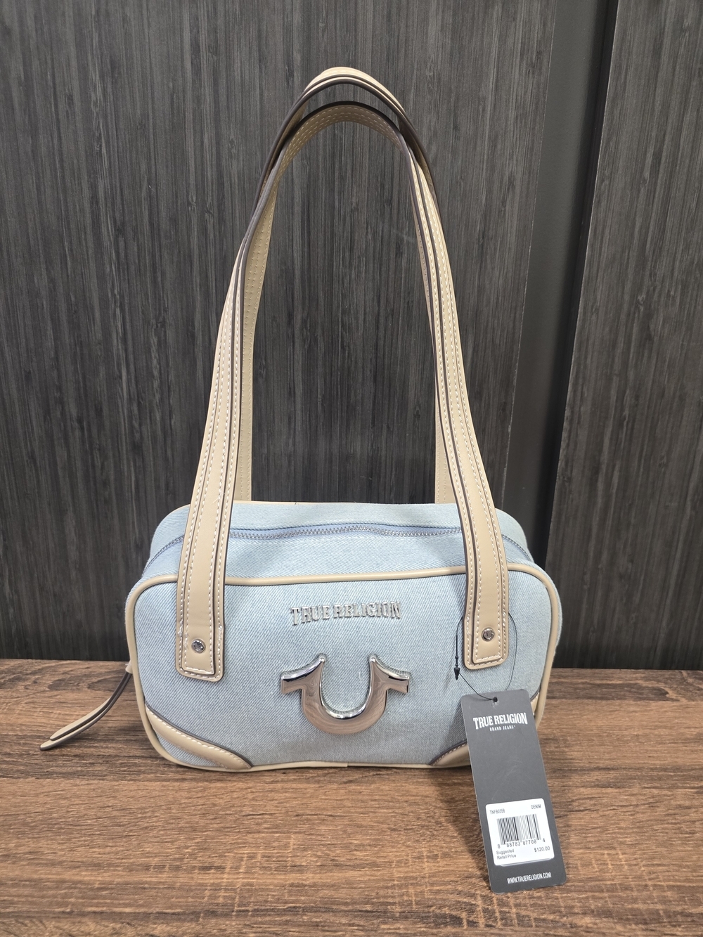 NWT True Religion Denim Shoulder Bag Y2K Bowling Bag Horseshoe Logo Light Wash